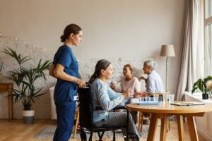 Older adult and family member reviewing care options at a table with notes and a walker nearby